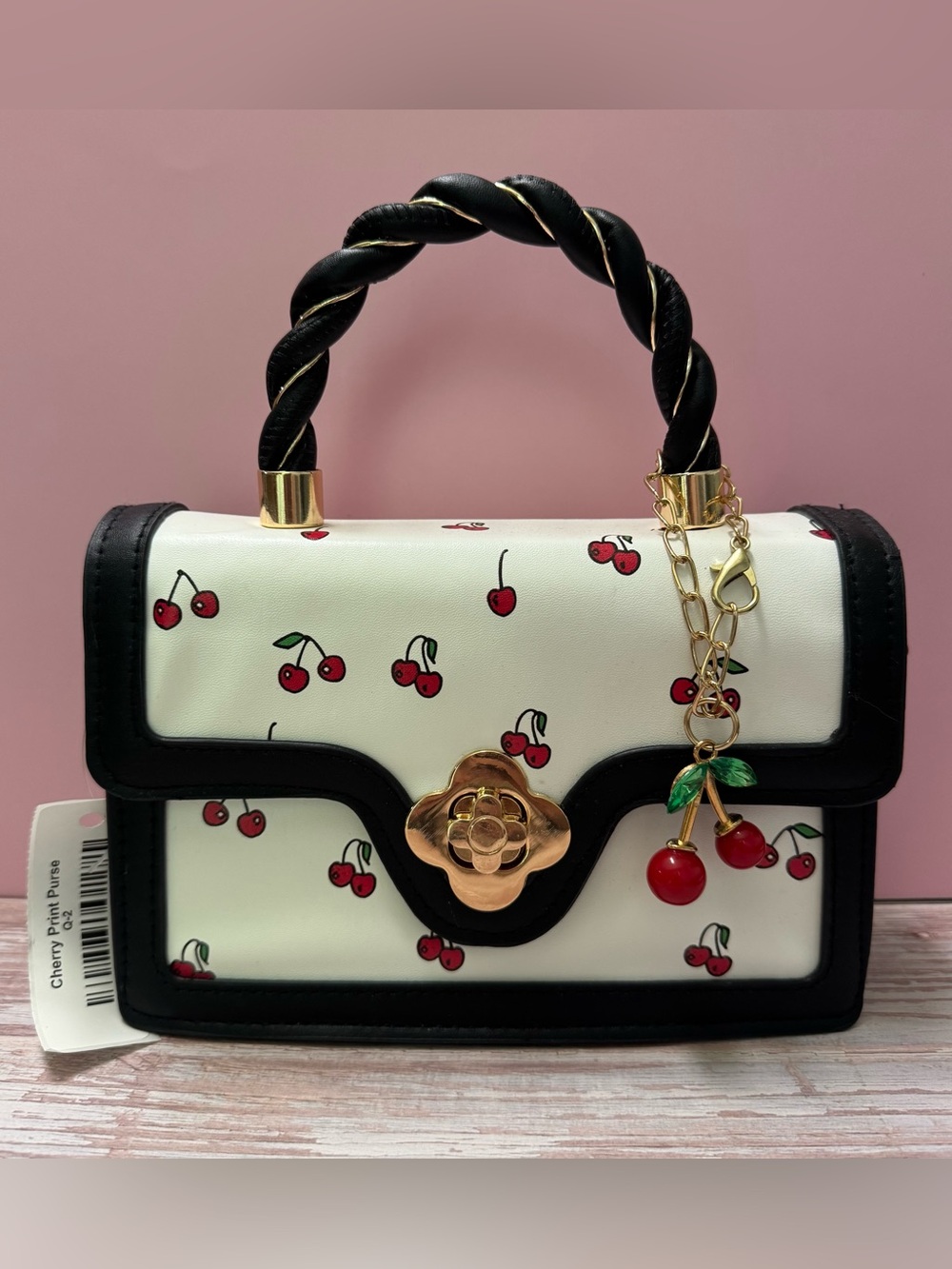 Women's Cherry Print Top-Handle White/Black Mini Tote Purse Bag Charm